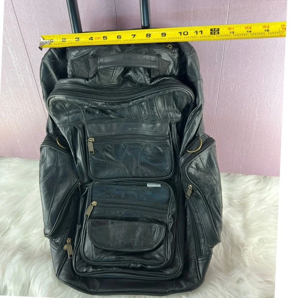Vintage 90s Genuine Leather Patchwork Rolling Backpack Black Wheeled Travel Bag